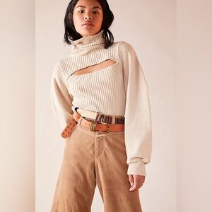 Free People Tan Ariel Turtleneck Cut Out Pullover Knit Sweater Size Small